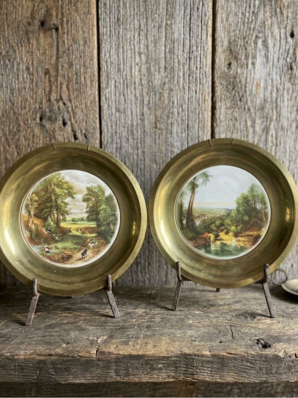 Pair of Vintage English Brass Wall Hanging Plates, Scenic Ceramic Landscape